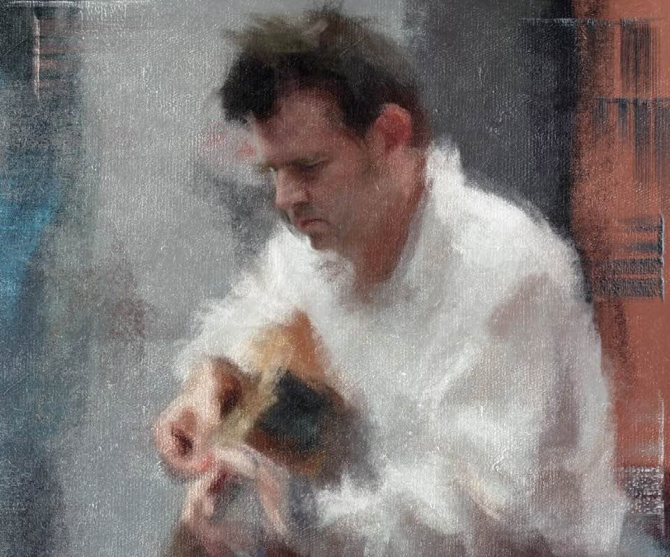 Painted portrait of Greg Koons playing guitar